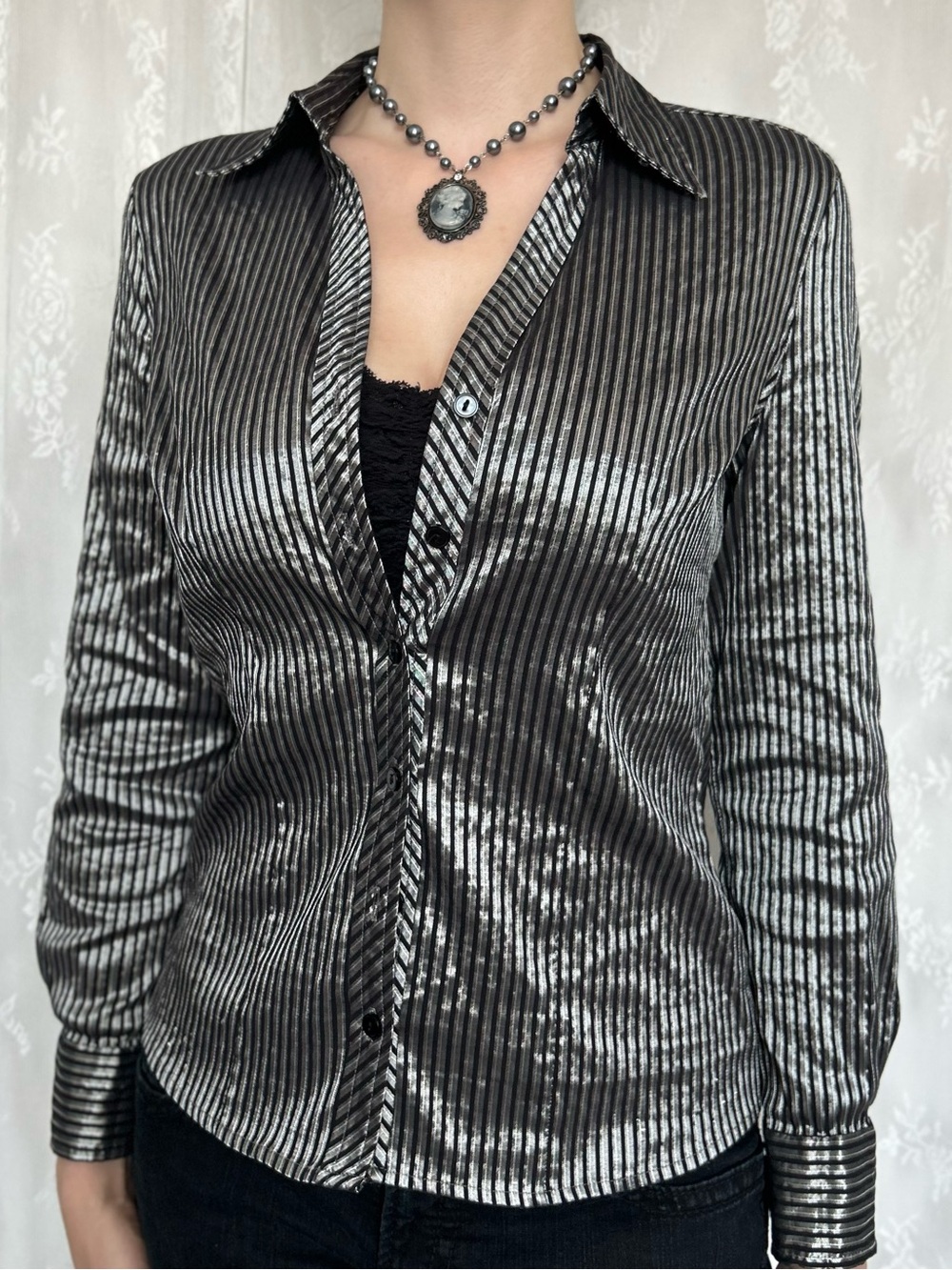 Vintage Office Siren / Dark Academia Silver and Black Pinstripe Button-Up Blouse
